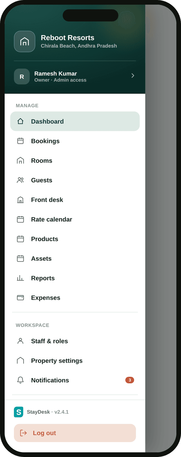 StayDesk Owner app menu showing dashboard, bookings, rooms, guests, front desk, rate calendar, products, assets, reports, expenses, staff and roles, and property settings
