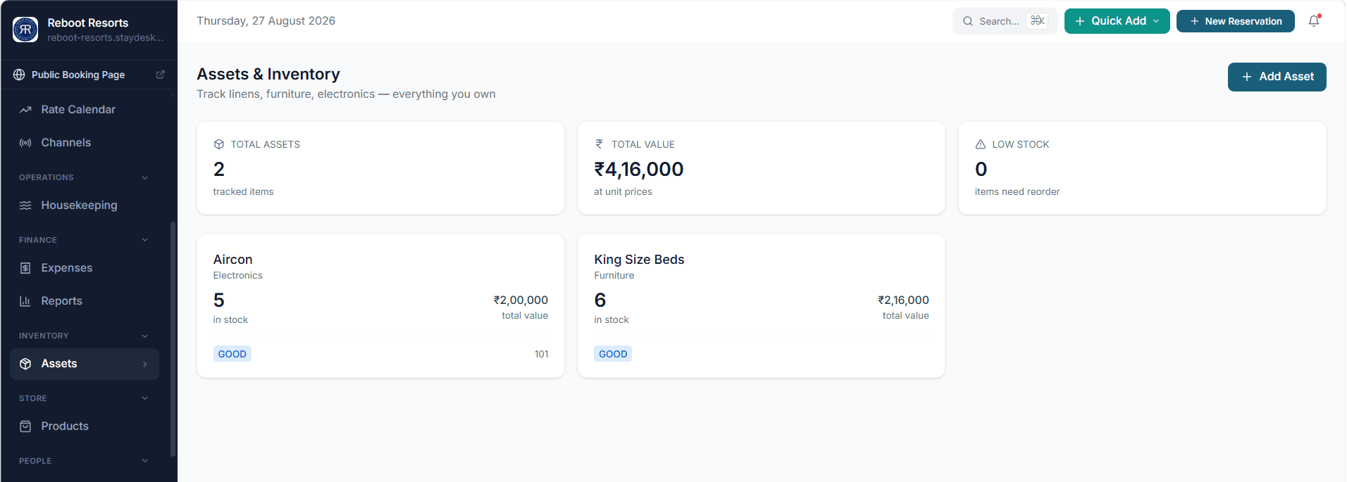 StayDesk assets and inventory screen showing tracked items, total value and stock levels
