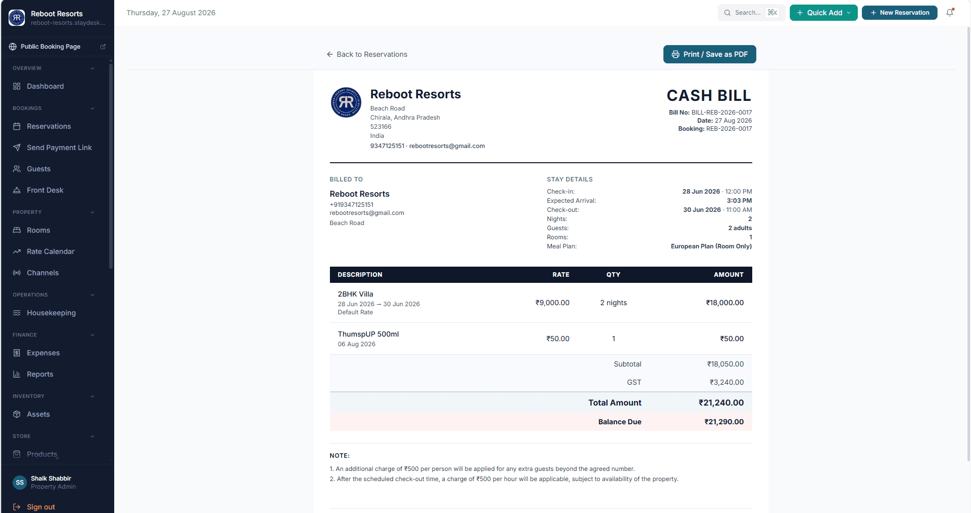 StayDesk cash bill showing property details, stay details, itemised charges, GST and total