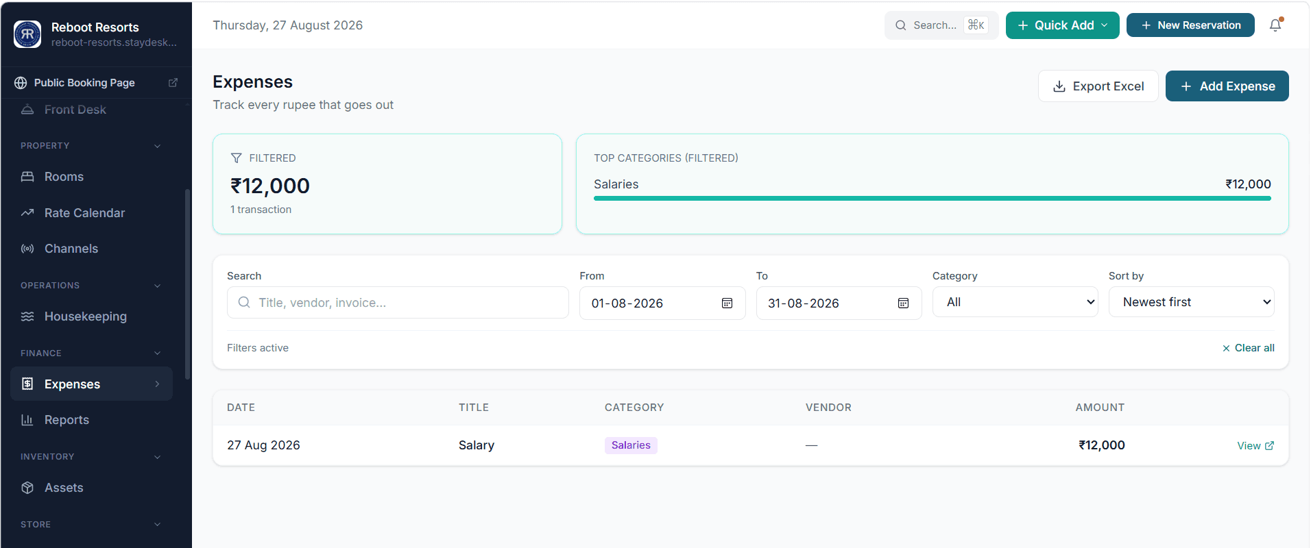 StayDesk expenses screen with category breakdown, filters and transaction list