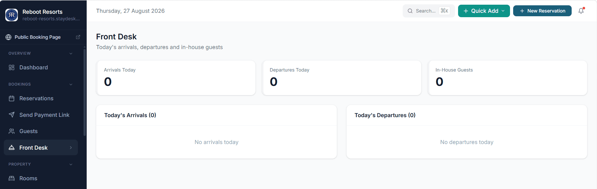 StayDesk front desk screen showing today's arrivals, departures and in-house guests