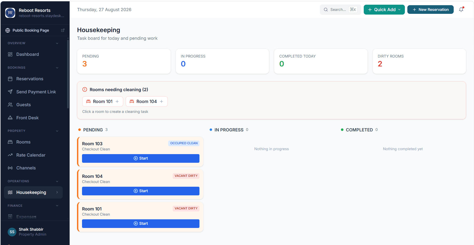 StayDesk housekeeping task board with pending, in progress and completed cleaning tasks