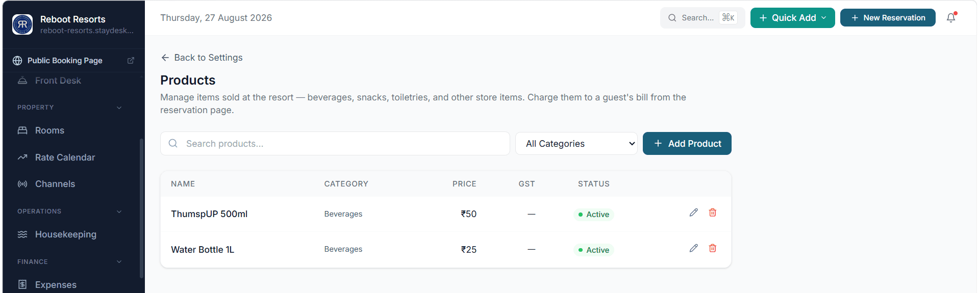 StayDesk products screen listing store items with price, GST and status