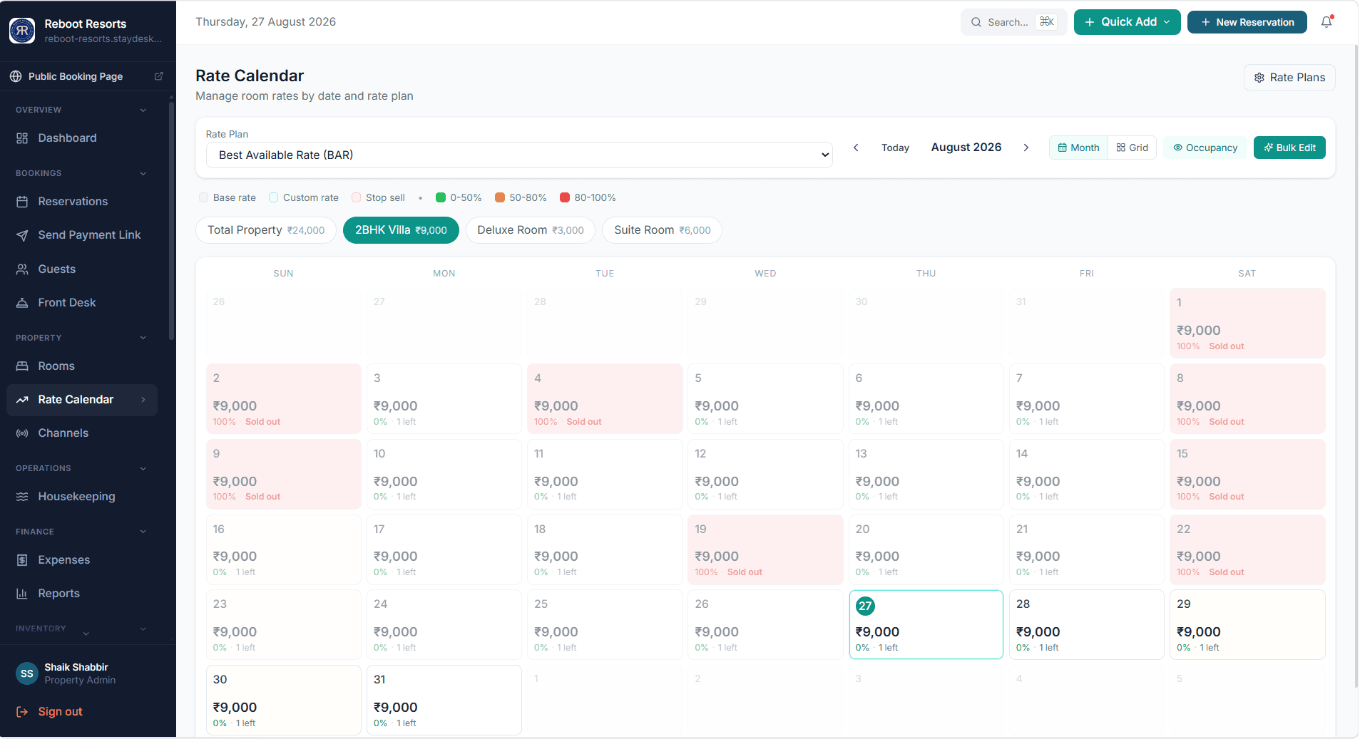 StayDesk rate calendar month view showing nightly rates, occupancy and sold-out days