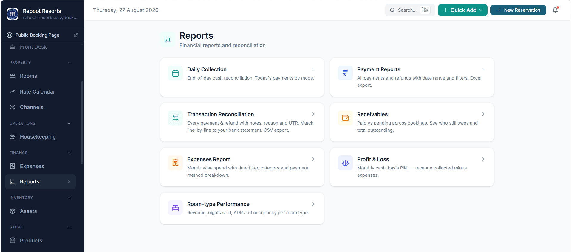 StayDesk reports menu showing daily collection, payments, reconciliation, receivables, expenses and P&L