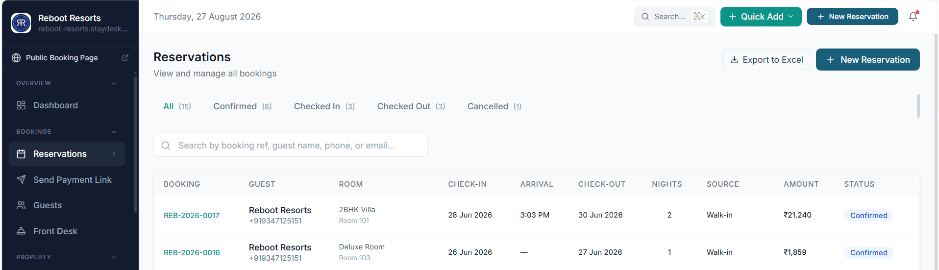 StayDesk reservations list with status filters, search and booking details