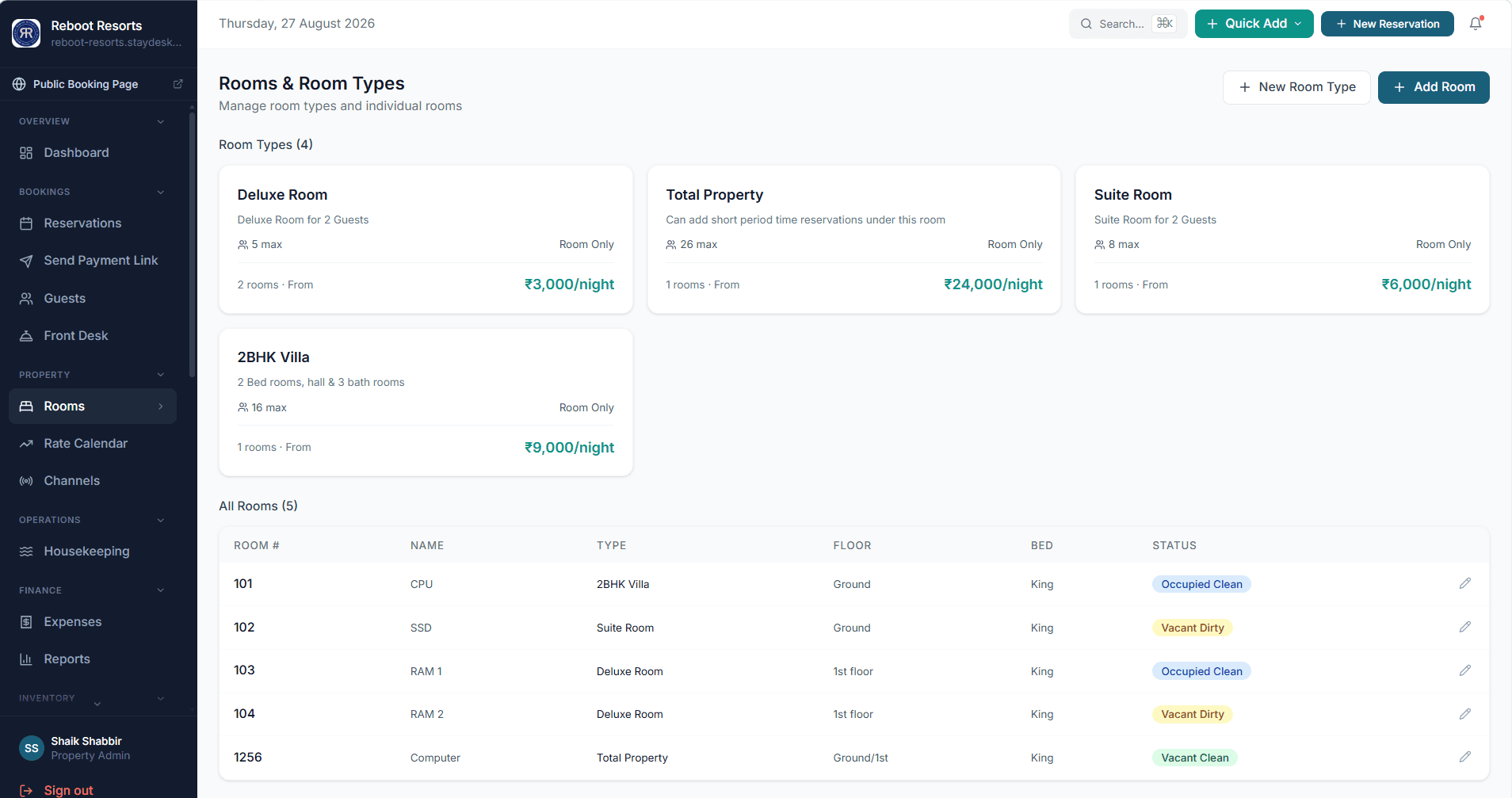 StayDesk rooms and room types screen showing rates, occupancy limits and room status